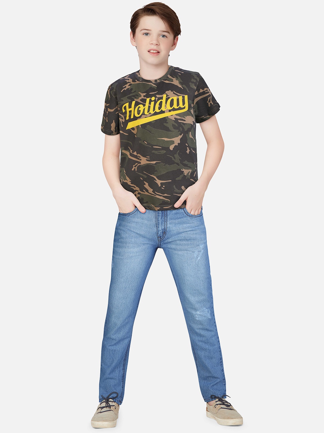 

Gini and Jony Boys Olive Green Camouflage Printed Cotton T-shirt