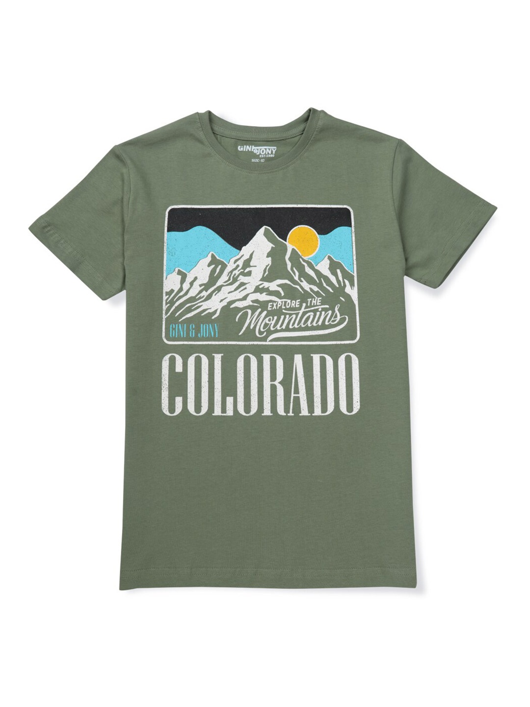 

Gini and Jony Boys Olive Green Printed Cotton T-shirt
