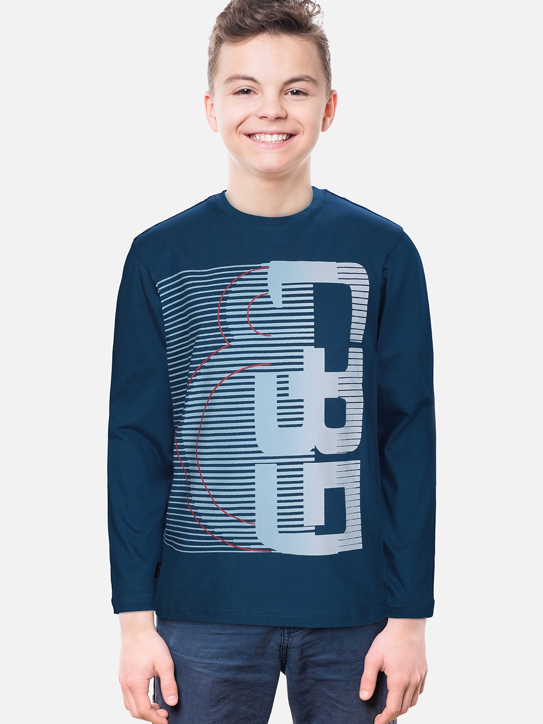 Gini and Jony Kids-Boys Teal Typography Striped T-shirt