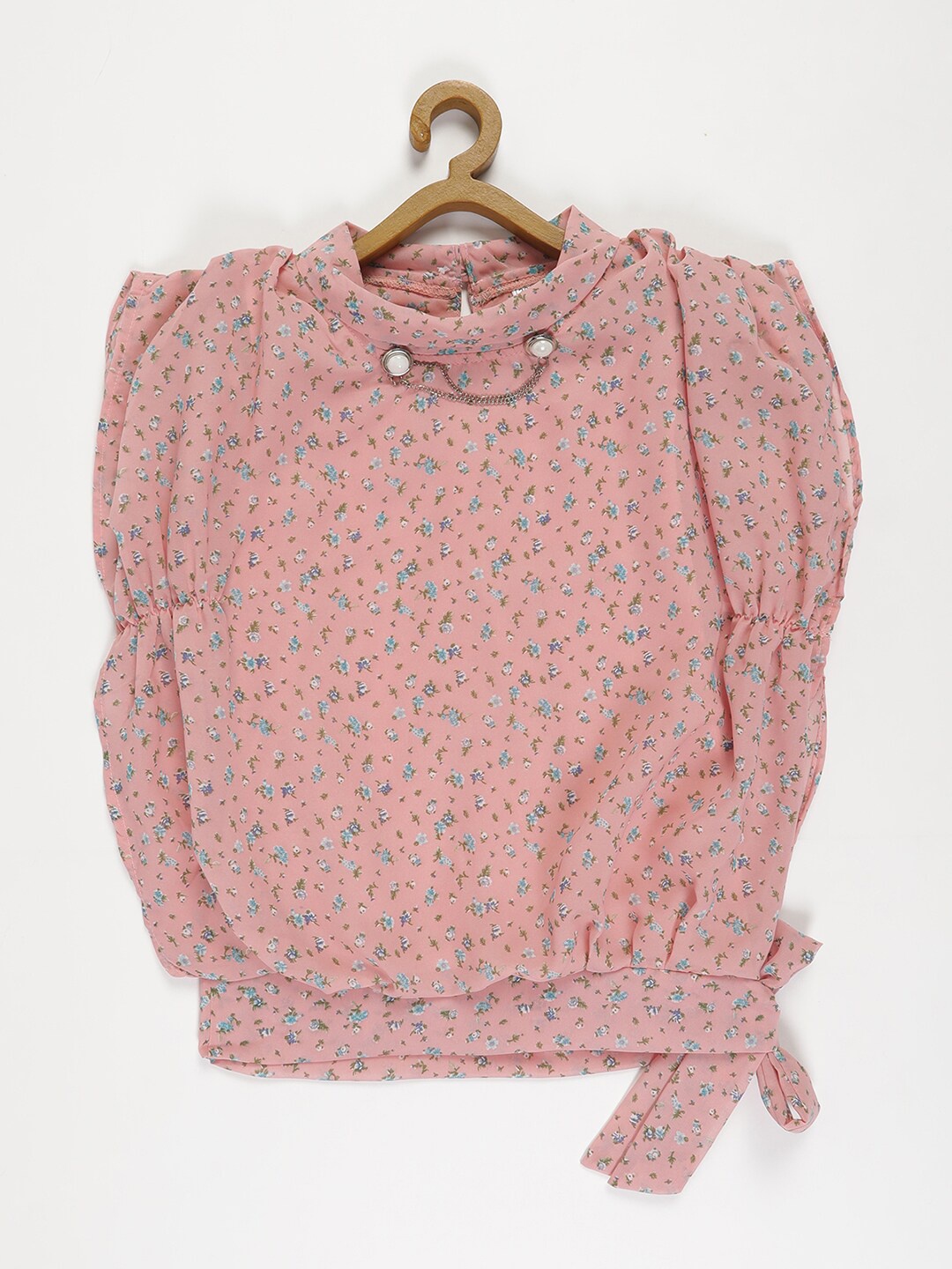 

V2 Value & Variety Kids Girls Peach-Coloured Floral Print Mandarin Collar Top