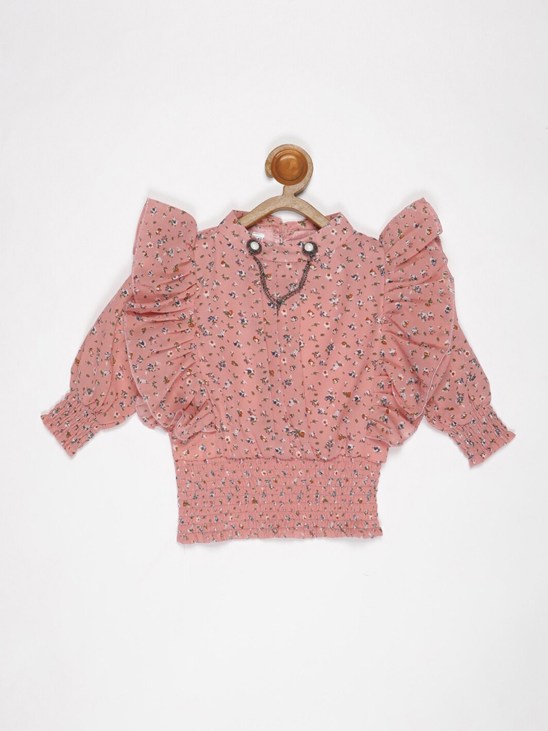 

V2 Value & Variety Peach-Coloured Floral Print Chiffon Cinched Waist Top