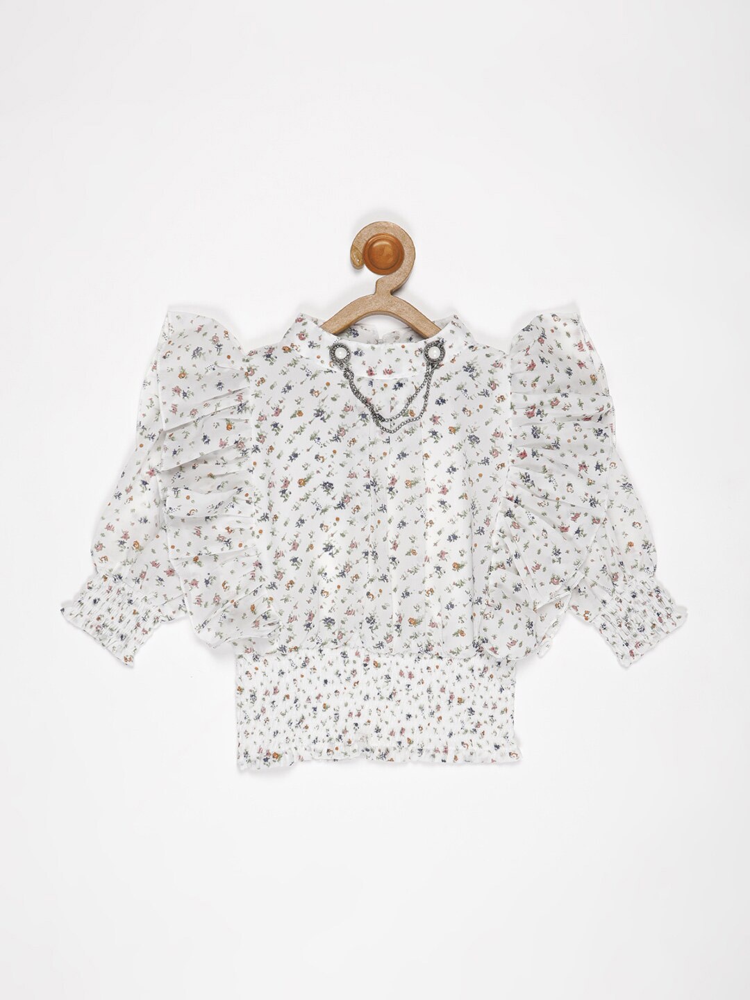 

V2 Value & Variety Off White Floral Print Mandarin Collar Chiffon Shirt Style Top