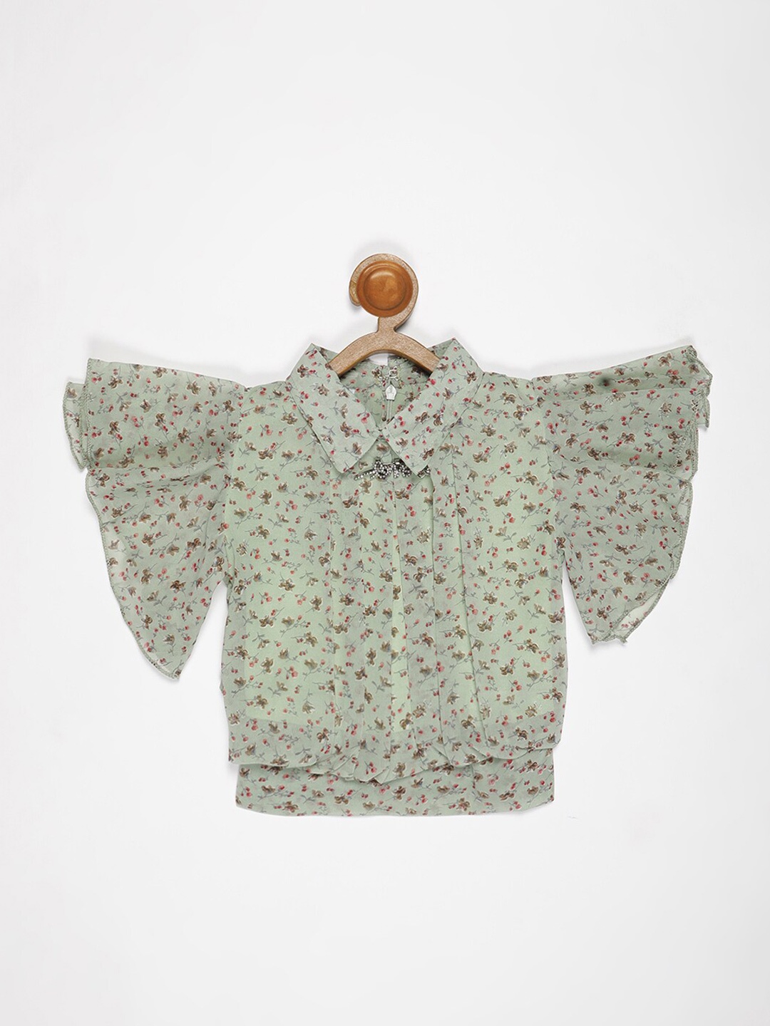 

V2 Value & Variety Kids-Girls Olive Green Floral Print Chiffon Shirt Style Top