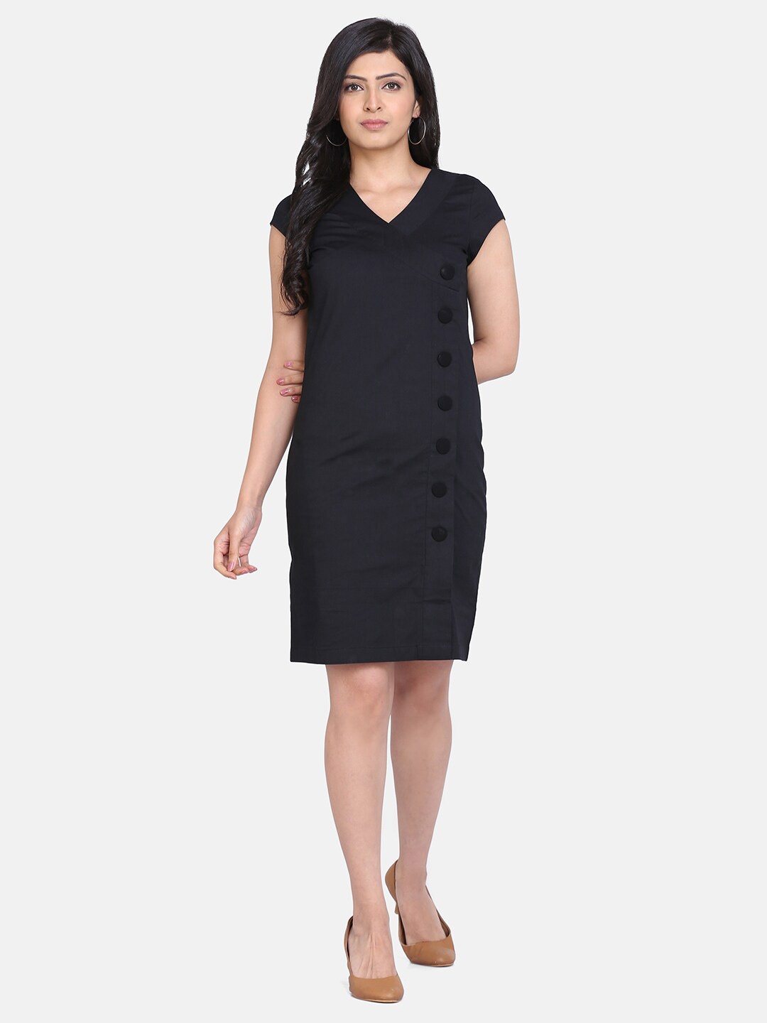 

PowerSutra Black Cotton Button Detail Sheath Dress