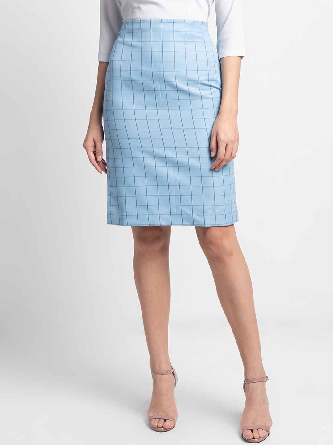 

PowerSutra Women Blue Checked Knee Length Straight Skirts