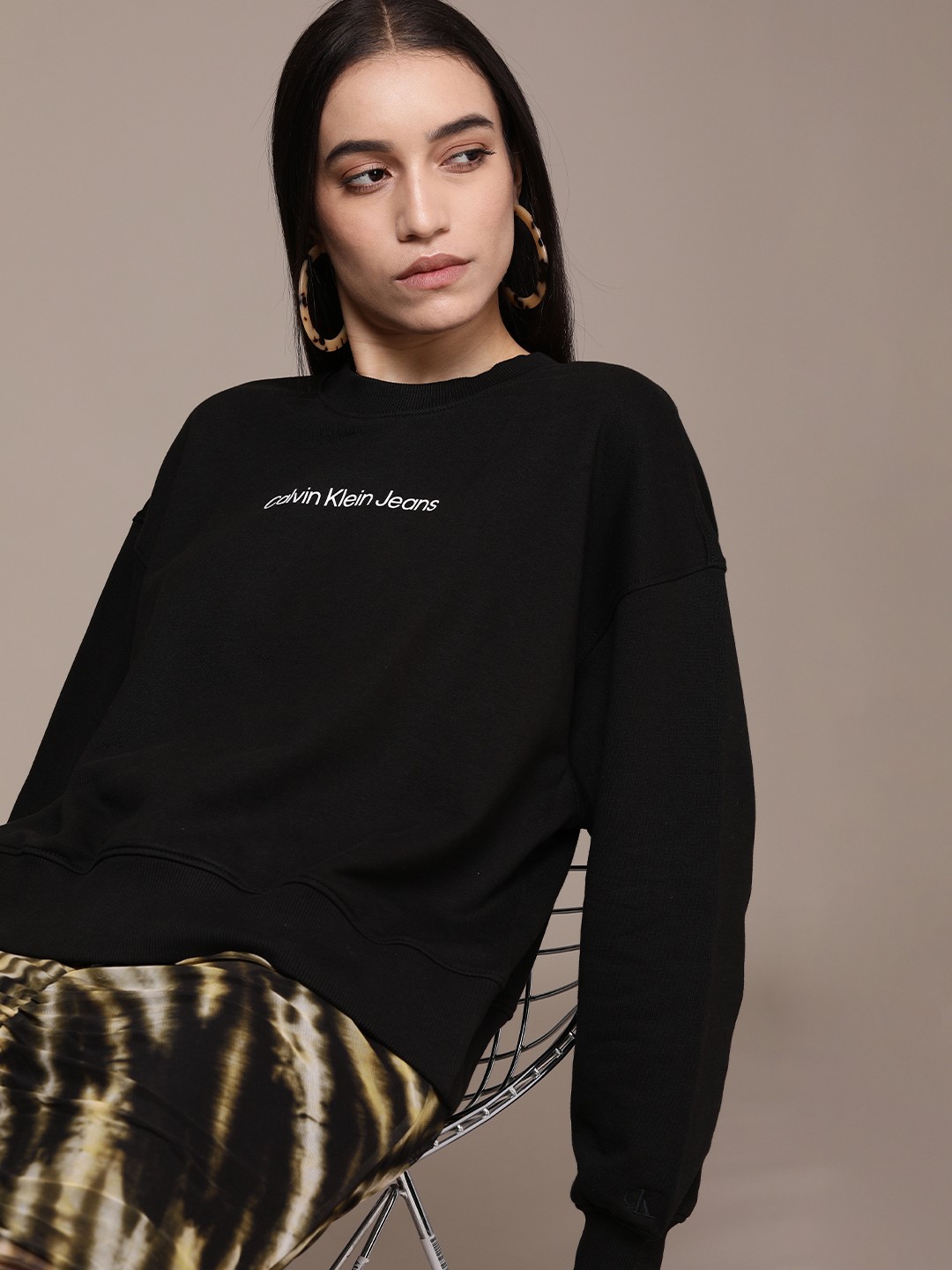 

Calvin Klein Jeans Women Black Brand Logo Printed Pure Cotton Sweatshirt