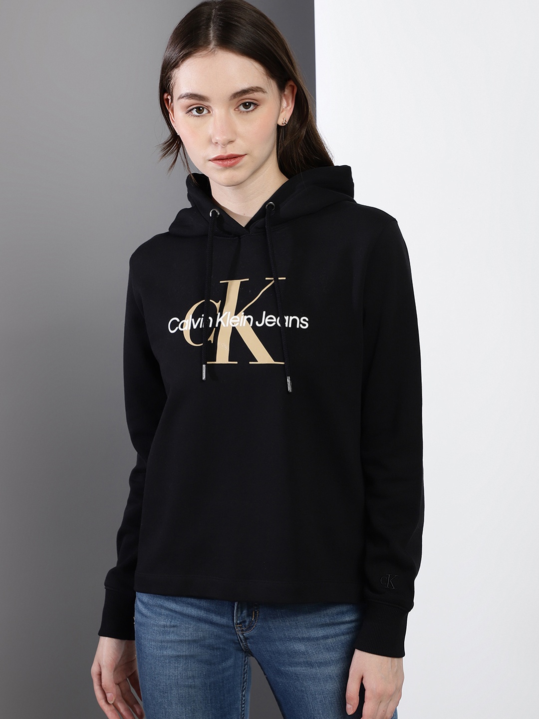 

Calvin Klein Jeans Women Black Brand Logo Embroidered Pure Cotton Hooded Sweatshirt
