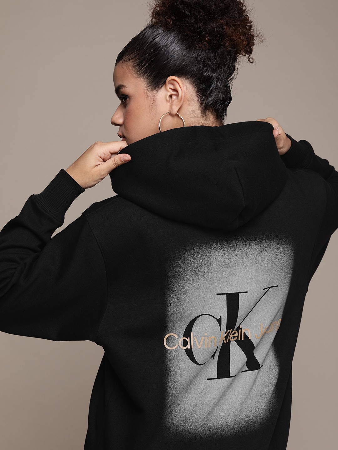 

Calvin Klein Jeans Women Black Brand Logo Printed Hooded Sweatshirt