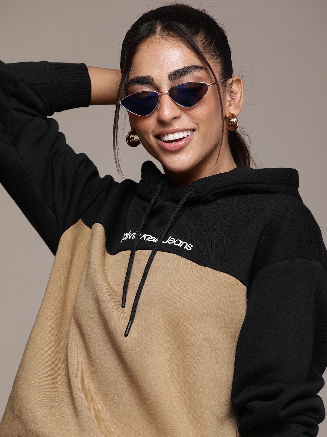 

Calvin Klein Jeans Women Camel Brown And Black Colourblocked Hooded Sweatshirt