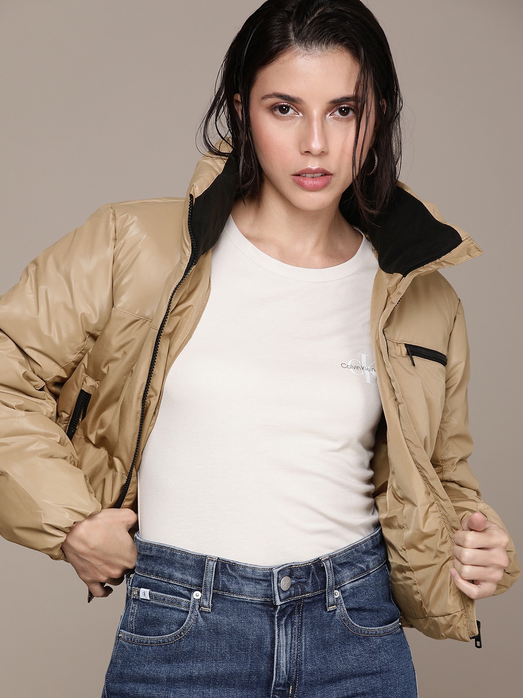 

Calvin Klein Jeans Women Camel Brown Solid Crop Puffer Jacket