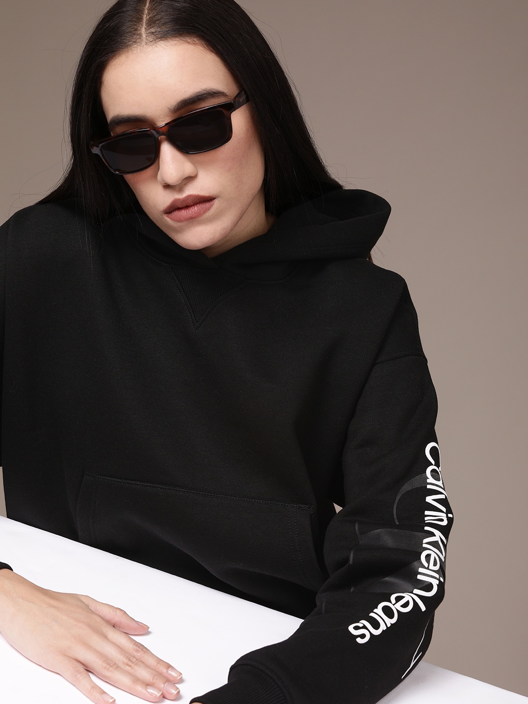 

Calvin Klein Jeans Women Black Printed Hooded Sweatshirt