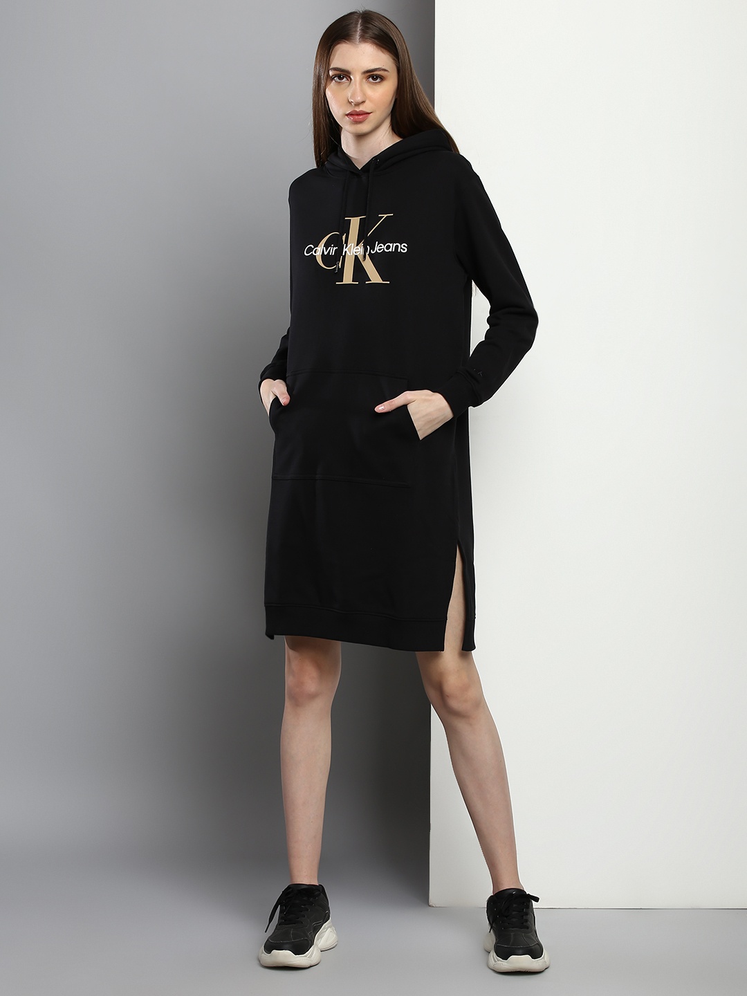 

Calvin Klein Jeans Black Brand Logo Embroidered Hooded Sweatshirt Dress