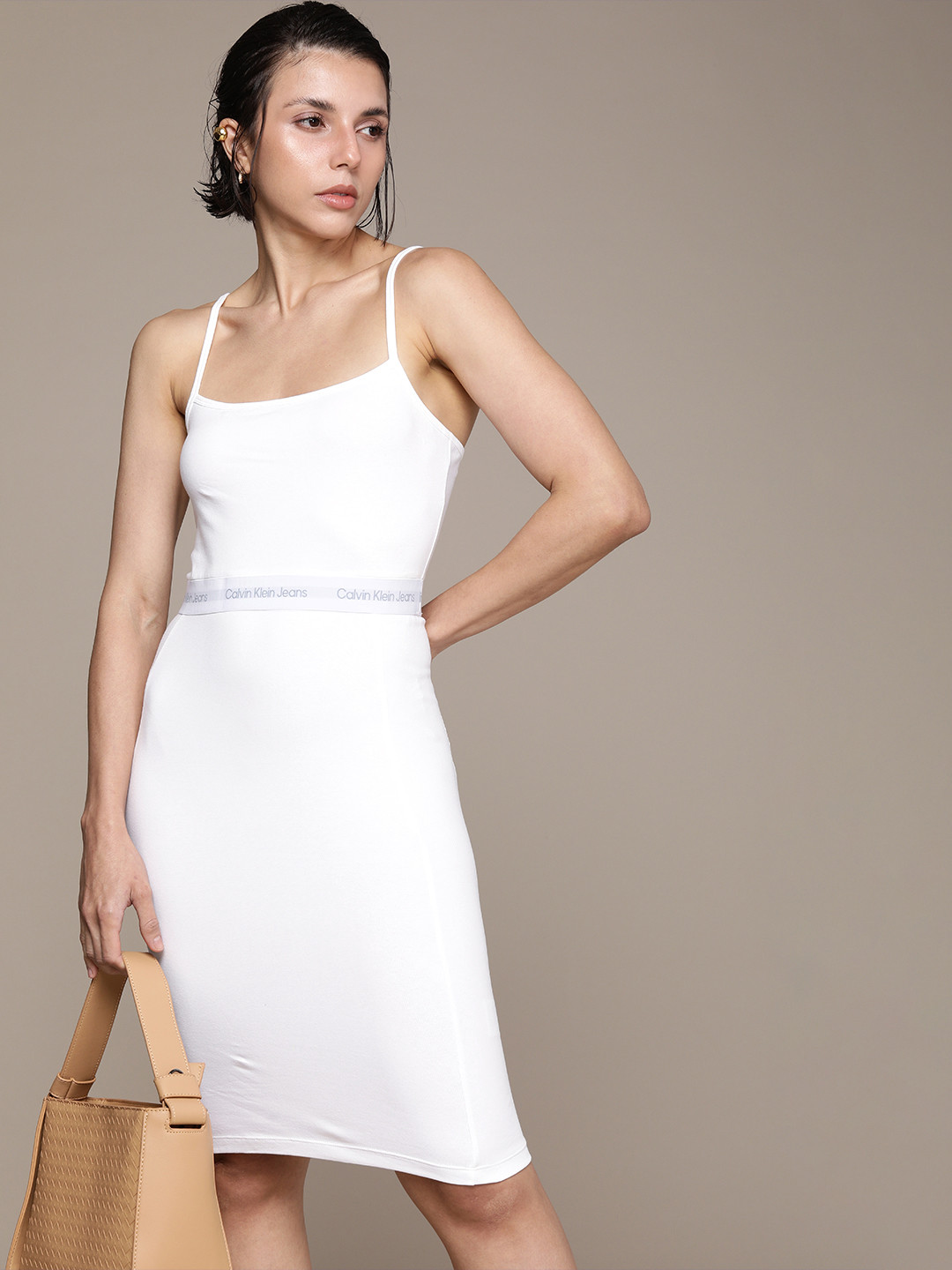 

Calvin Klein Jeans White Applique Shoulder Strap Bodycon Dress