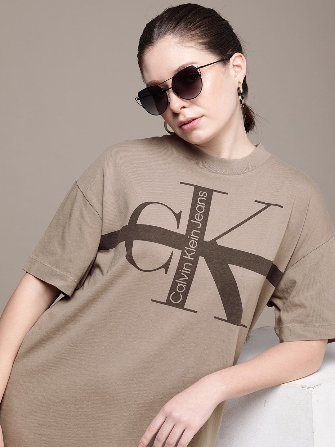 

Calvin Klein Jeans Women Beige Brand Logo Printed Pure Cotton T-shirt Dress