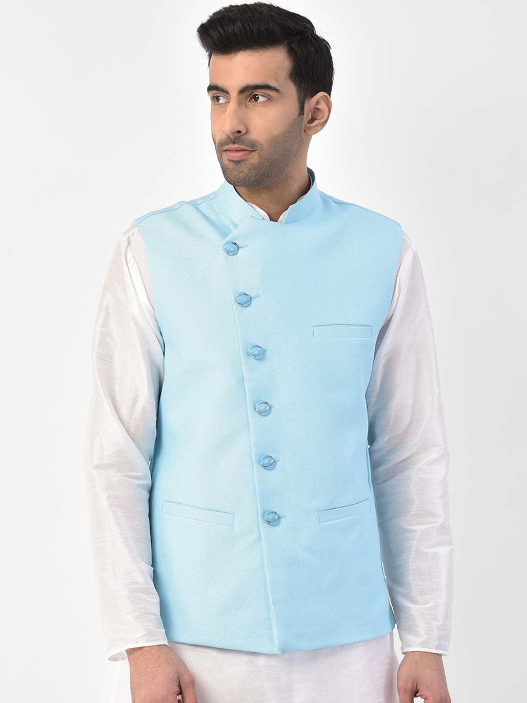 SG LEMAN Men Turquoise Blue Solid Nehru Jackets