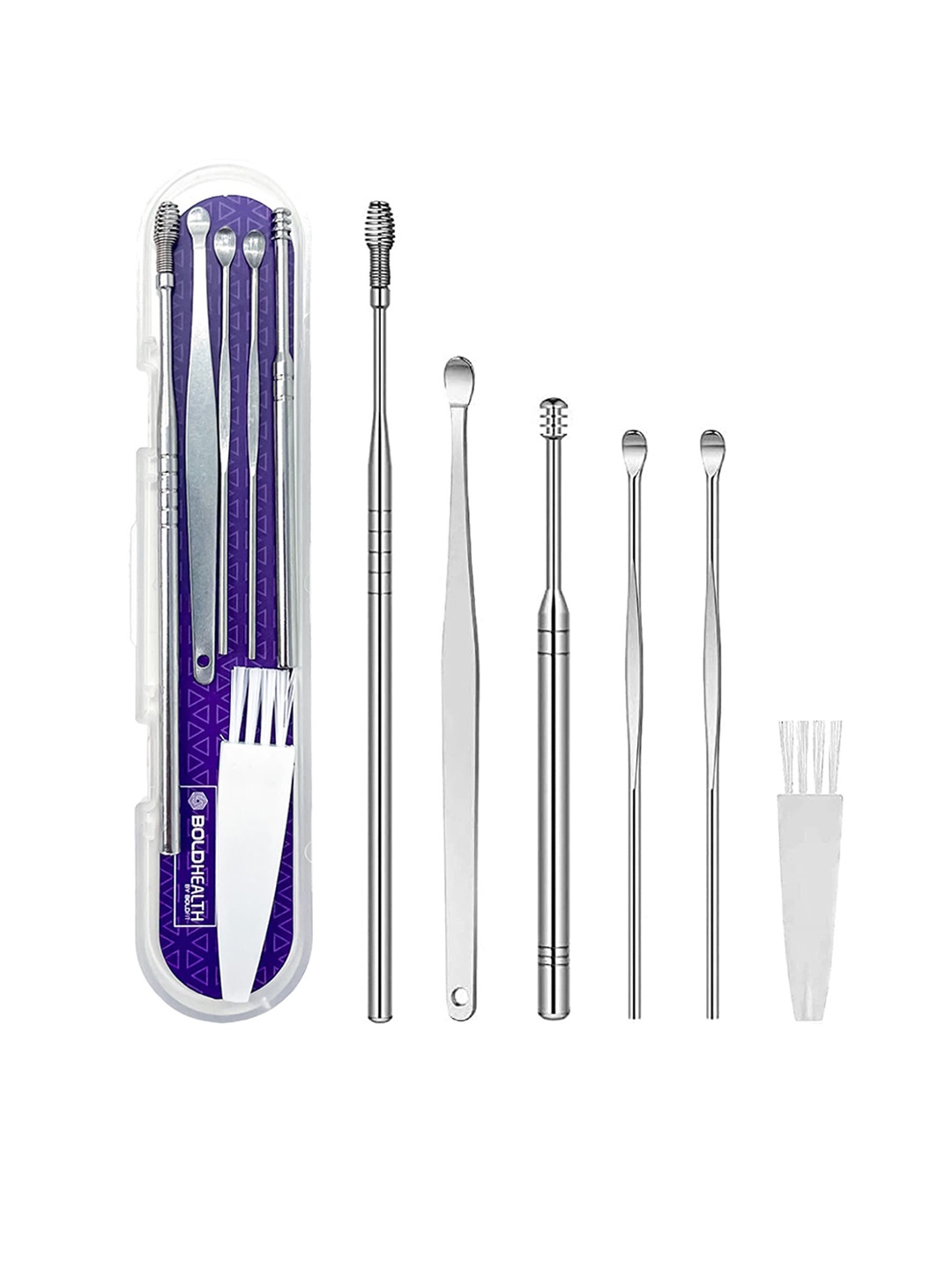 

BOLDFIT Reusable Ear Wax Cleaner 6-Piece Tool Set with Storage Box - Silver-Toned