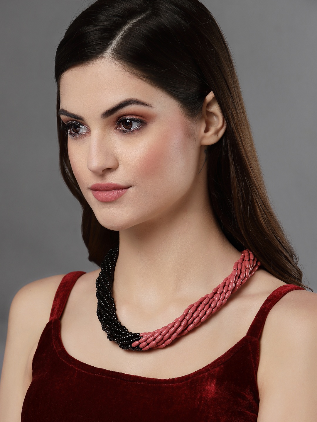 

VOGUE PANASH Pink & Black Brass Silver-Plated Beaded Necklace