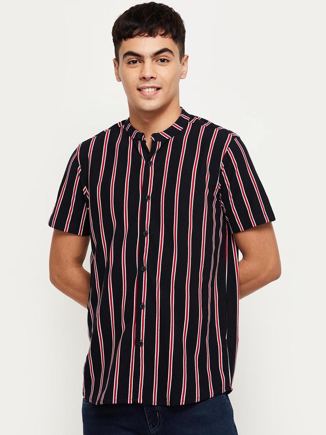 

max Men Navy Blue Striped Casual Shirt