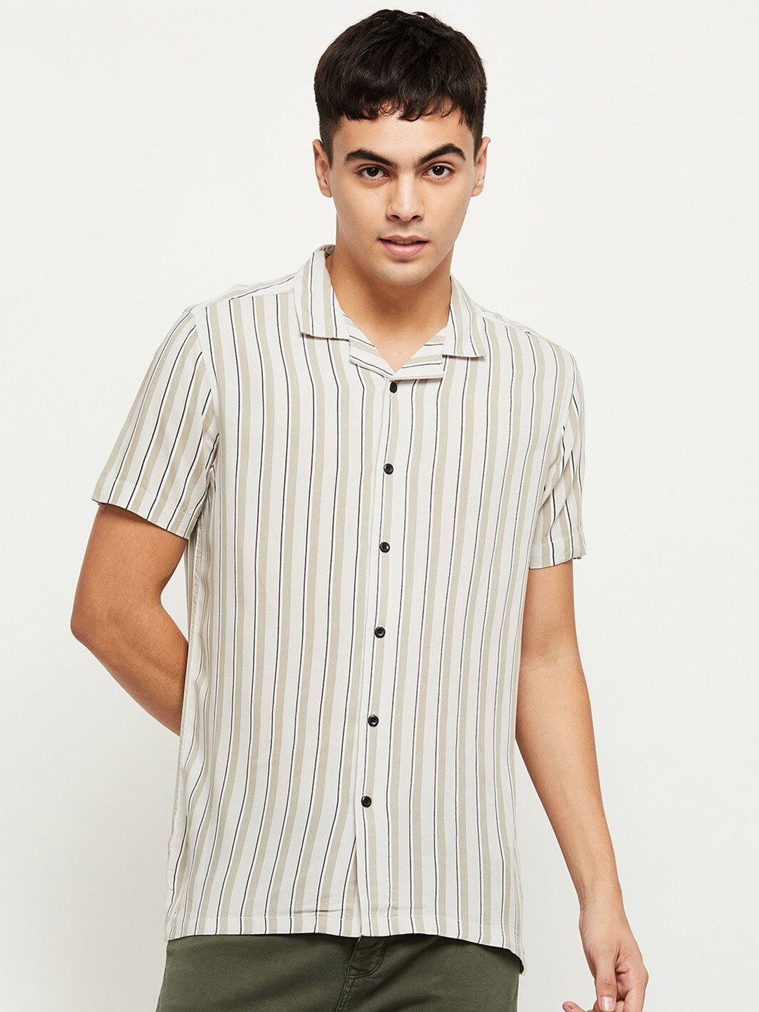 

max Men Beige Striped Casual Shirt