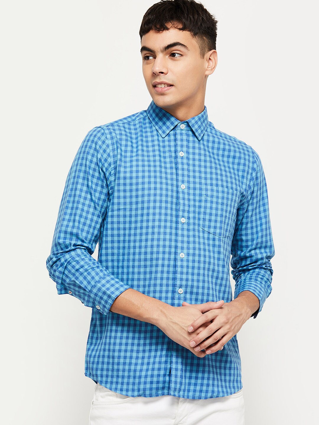 

max Men Blue Gingham Checks Checked Casual Shirt