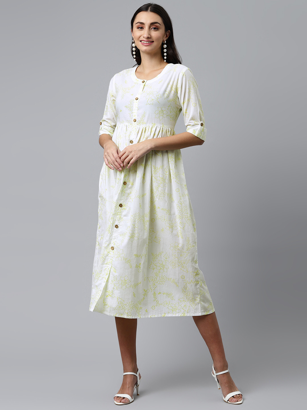 

MALHAAR White & Yellow Floral Printed Maxi Pure Cotton Dress