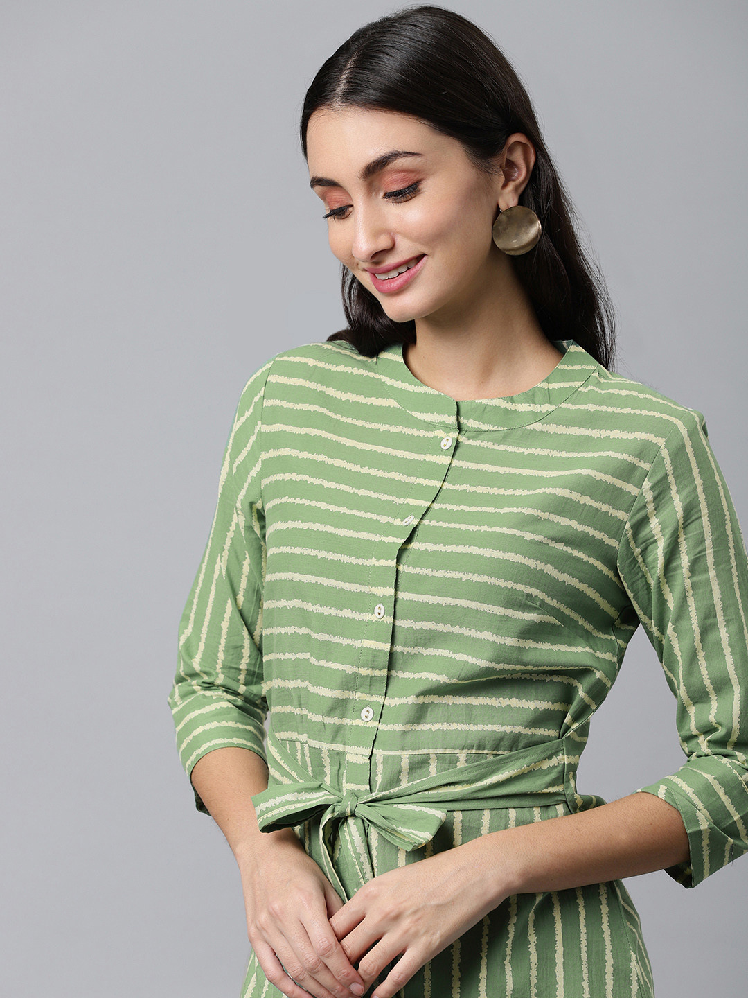 

MALHAAR Green & White Striped Maxi Pure Cotton Dress with belted detail