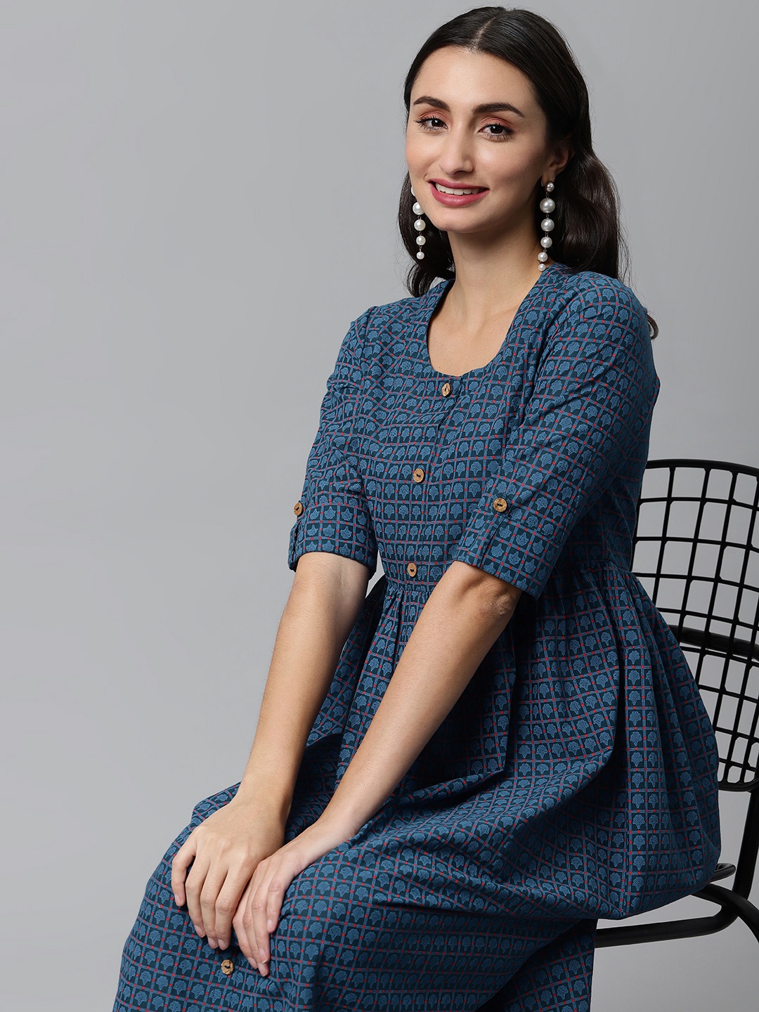 

MALHAAR Navy Blue & Red Ethnic Motif Printed Fit & Flared Maxi Pure Cotton Dress