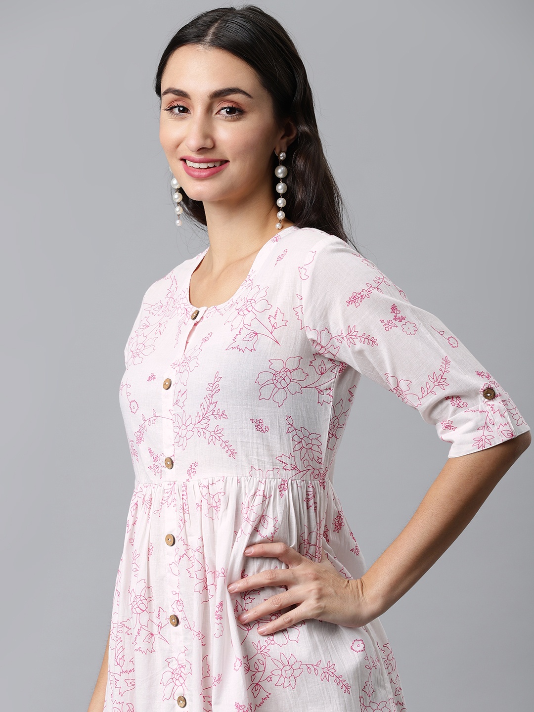 

MALHAAR White & Pink Floral Printed Fit & Flared Maxi Pure Cotton Dress