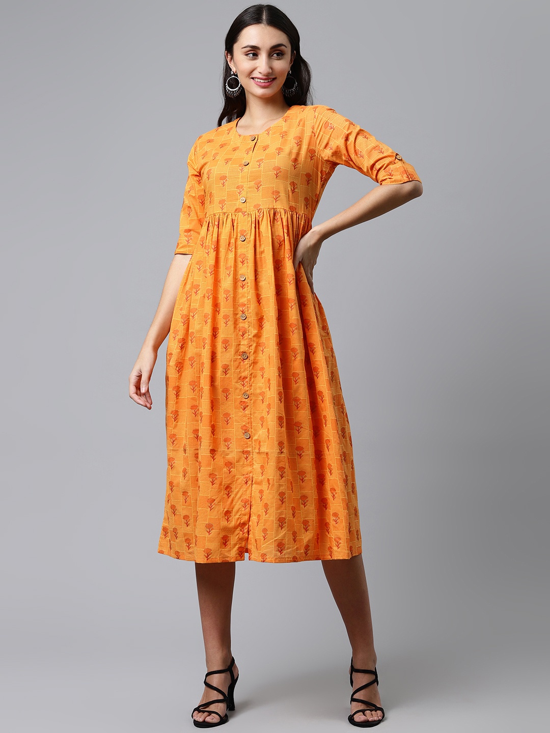 

MALHAAR Sea Orange Floral Printed Fit & Flared Maxi Pure Cotton Dress