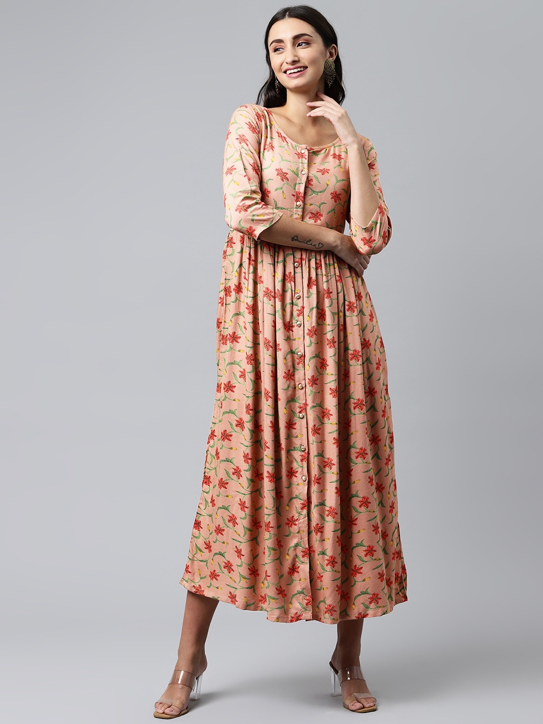 

MALHAAR Peach & Green Floral Printed Fit & Flared Maxi Dress