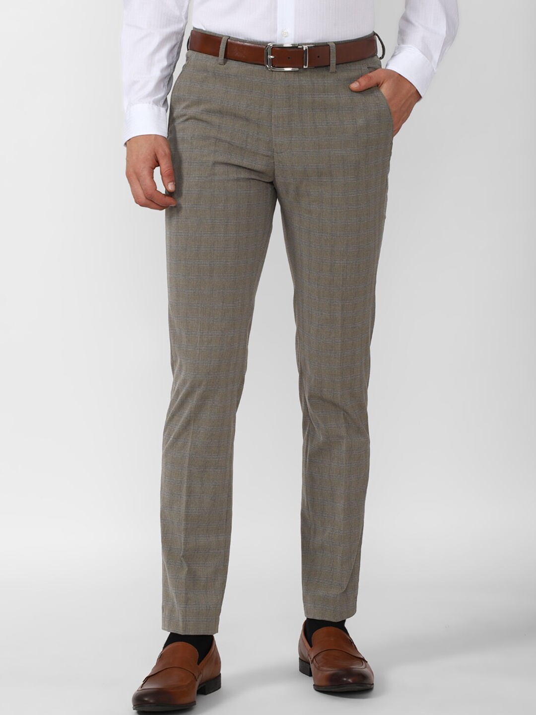 

Peter England Men Olive Green Checked Slim Fit Formal Trousers