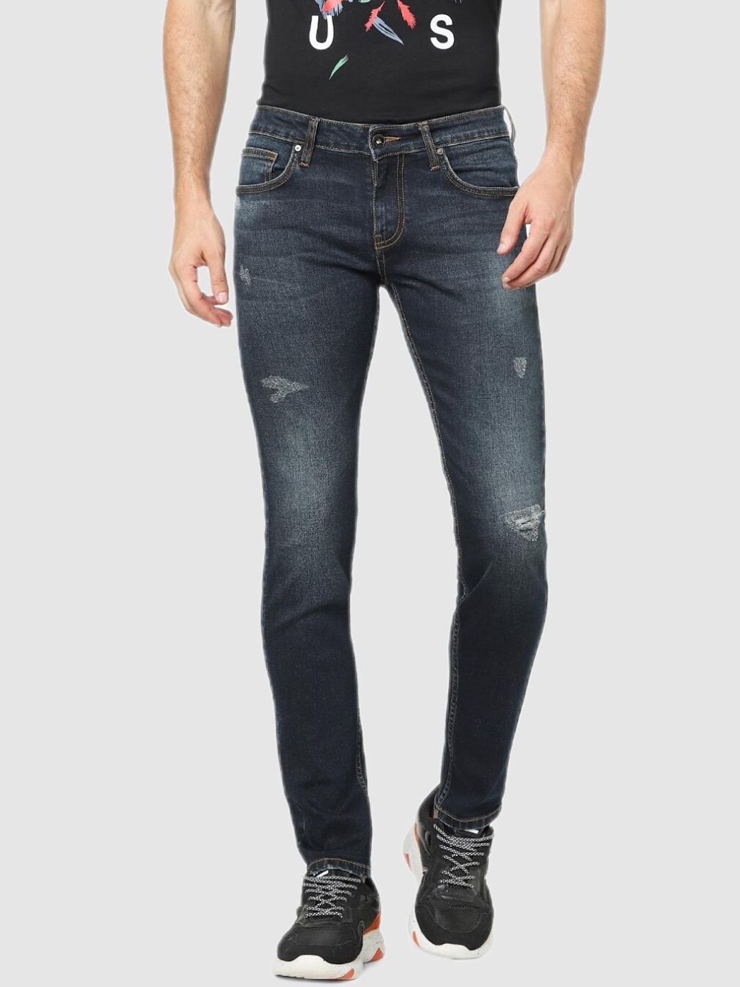 

Celio Men Navy Blue Slim Fit Mildly Distressed Light Fade Stretchable Jeans