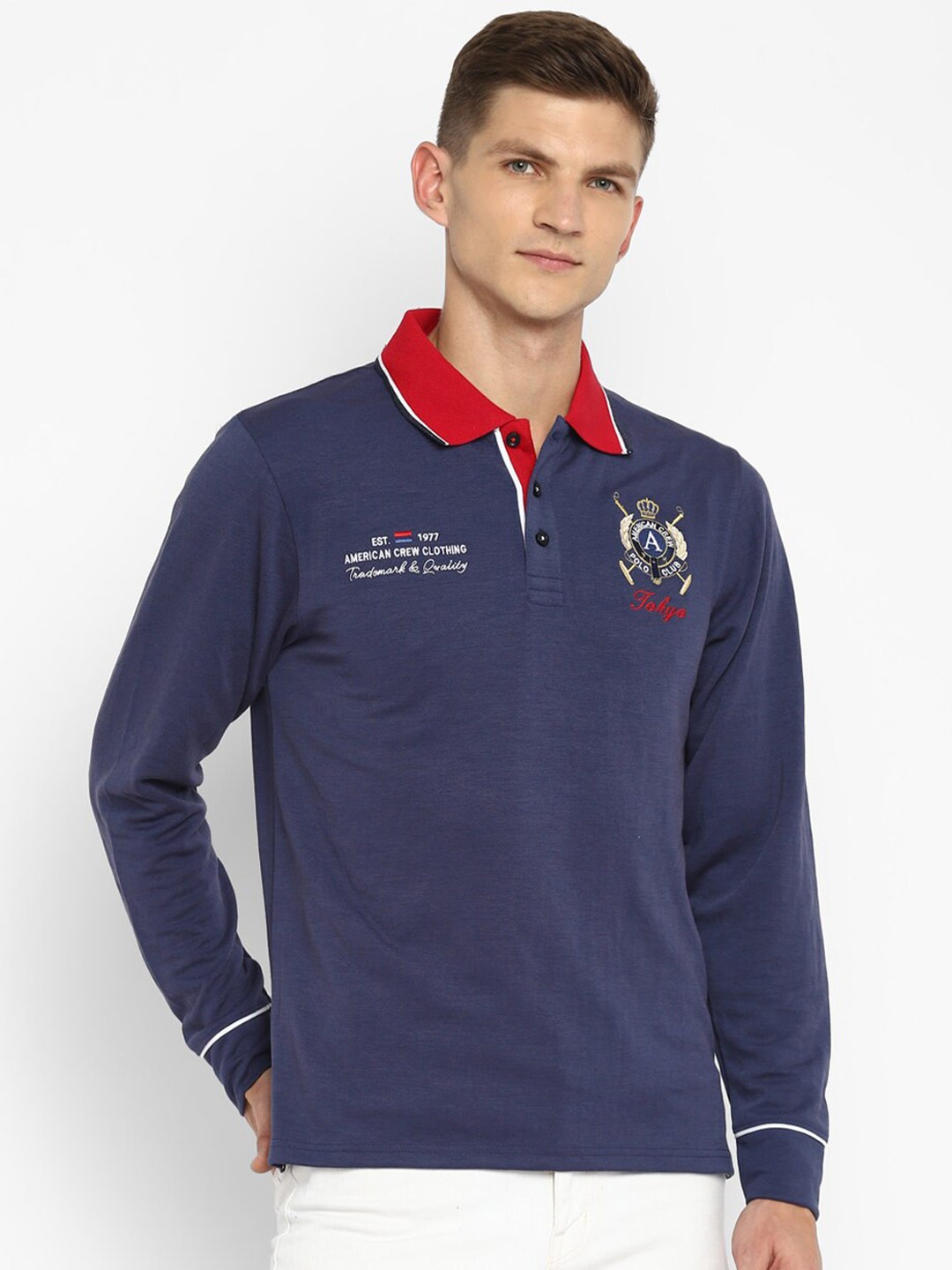 

American Crew Men Blue Polo Collar Applique T-shirt