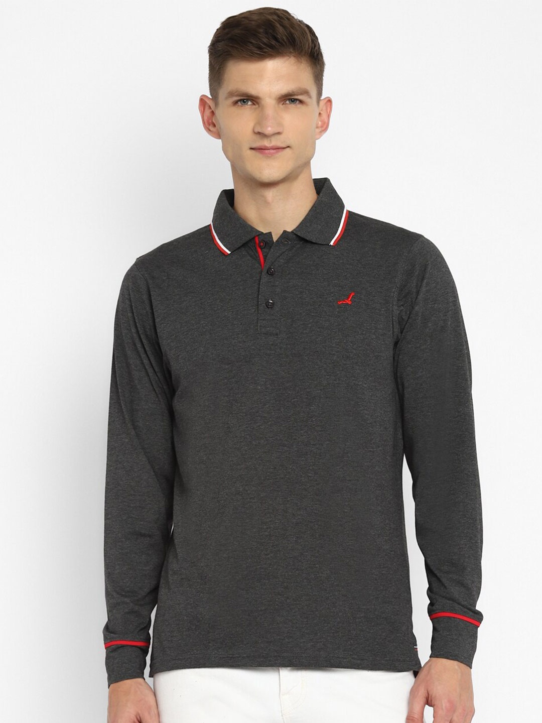 

American Crew Men Charcoal Polo Collar Bio Washed T-shirt