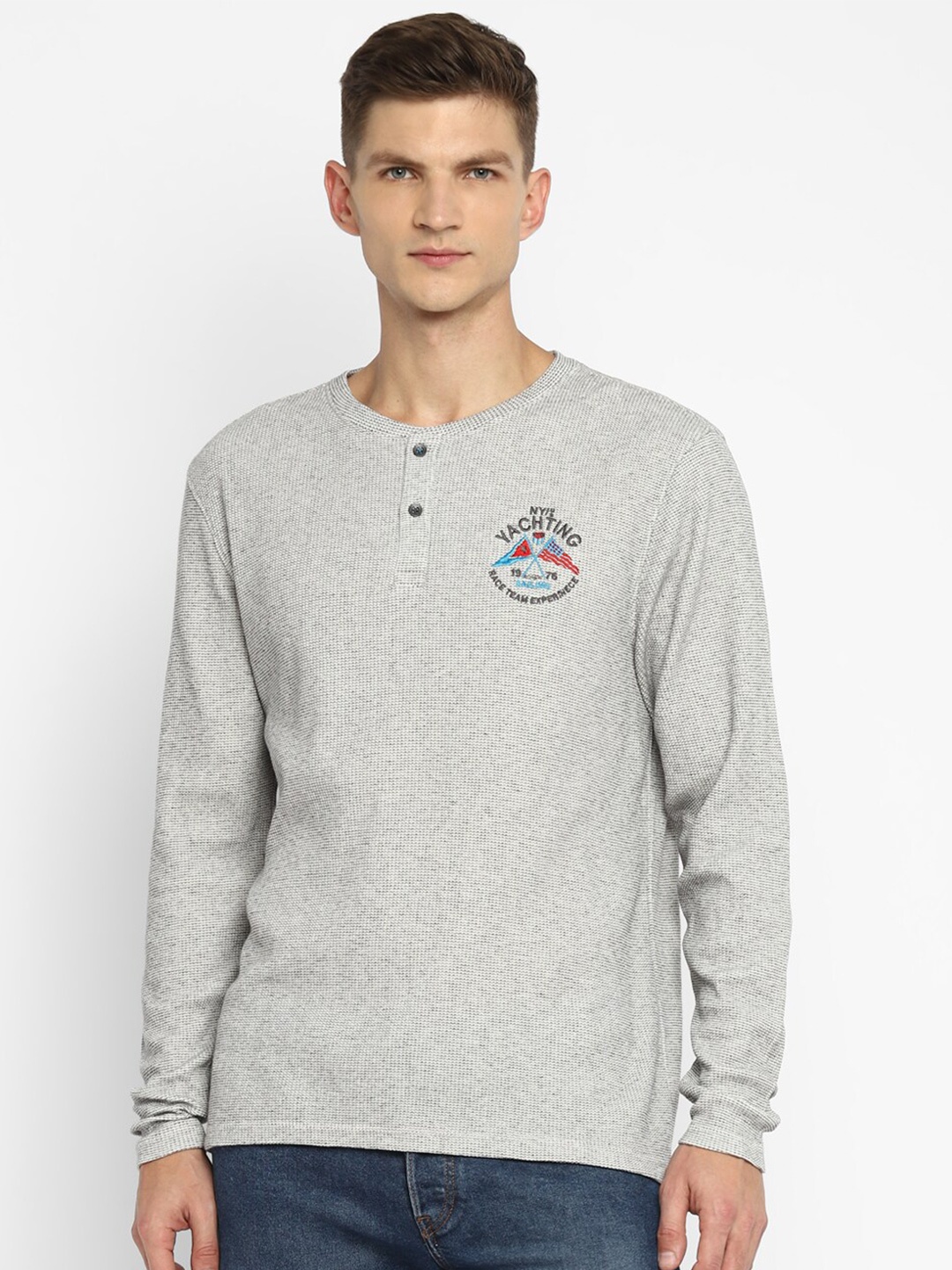 

American Crew Men Grey & Brown Henley Neck Applique T-shirt