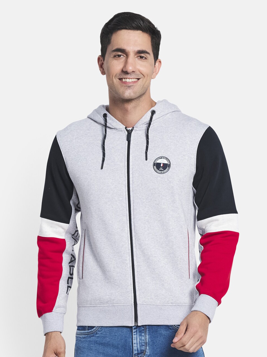 

Octave Men Grey Colourblocked Hooded Sweatshirt