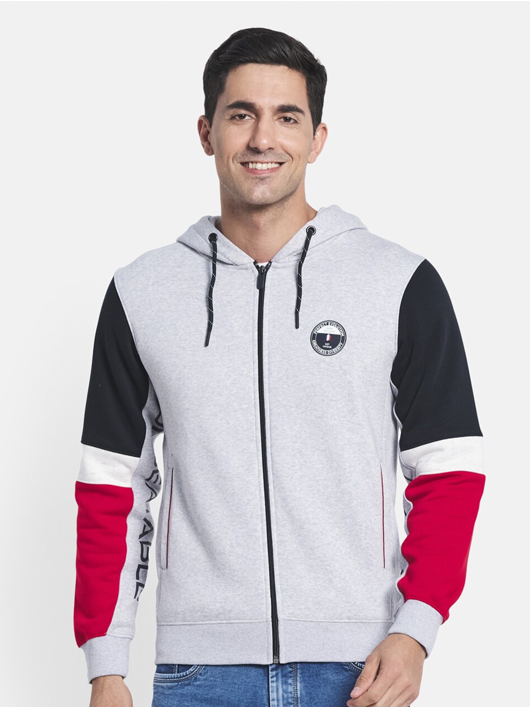 

Octave Men Grey Melange Colourblocked Hooded Sweatshirt
