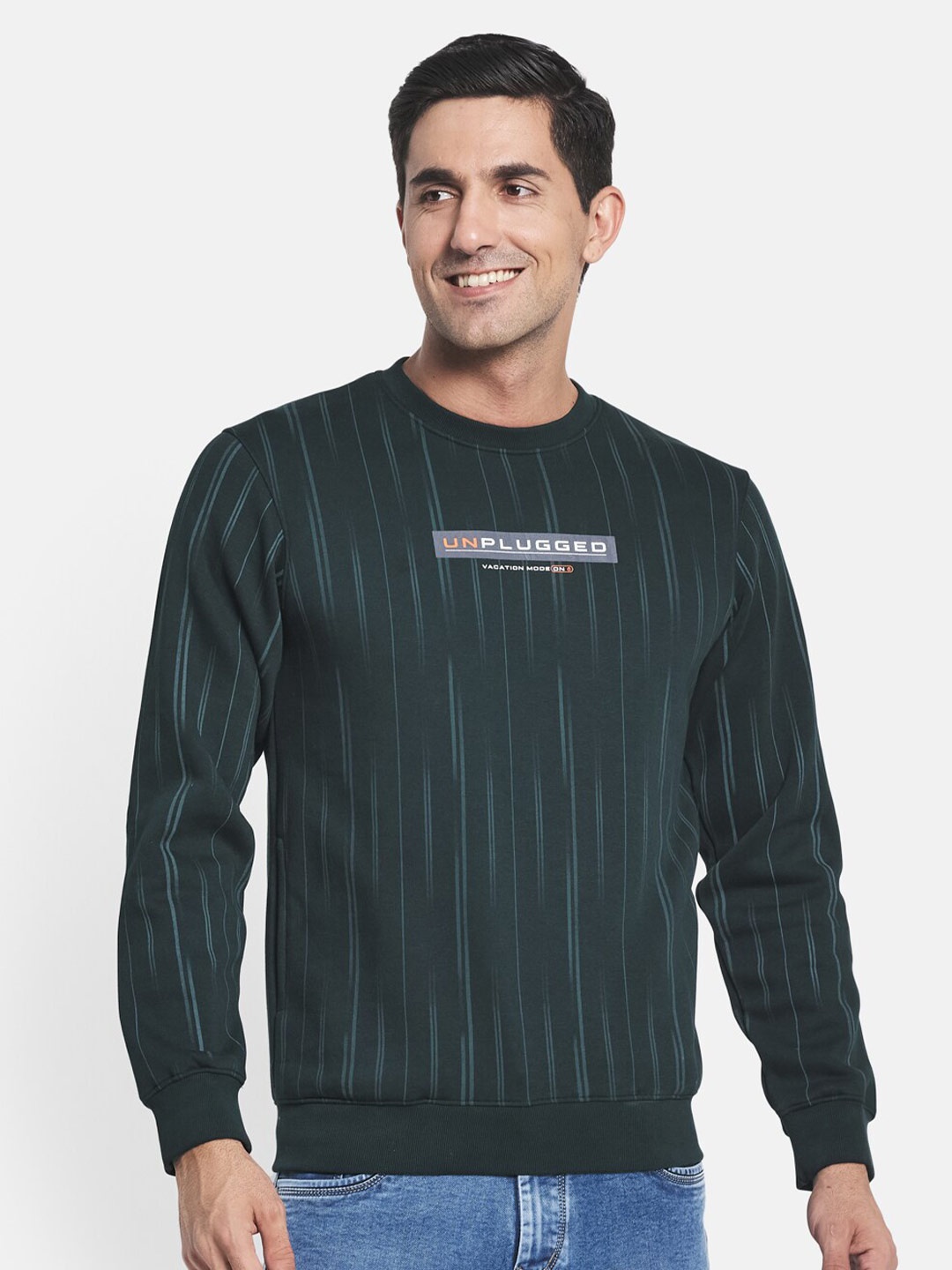 Octave Men Green Striped Sweatshirt
