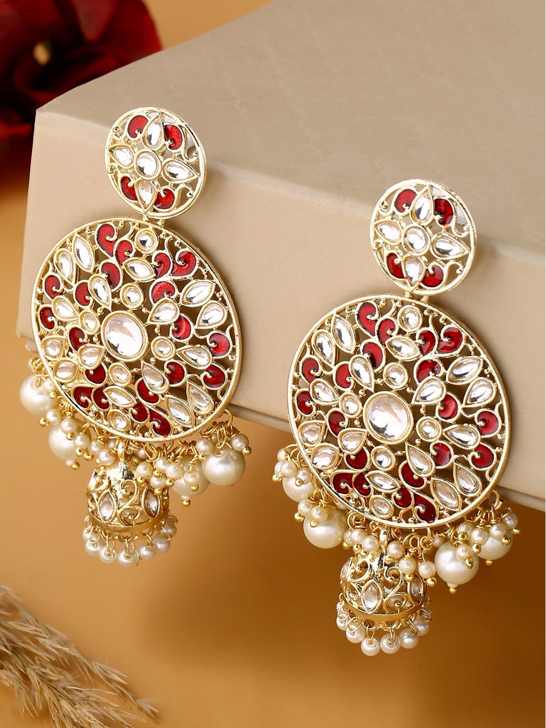 

Shoshaa Maroon Contemporary Gold-Plated Kundan Drop Earrings with Jhumkas Earrings sets