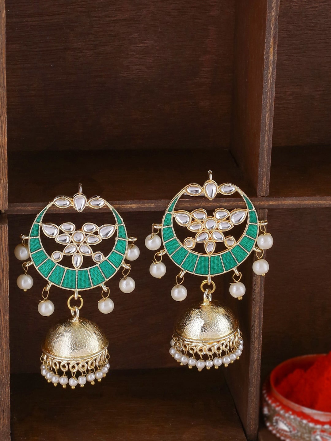 

Shoshaa Green Contemporary Jhumkas Earrings