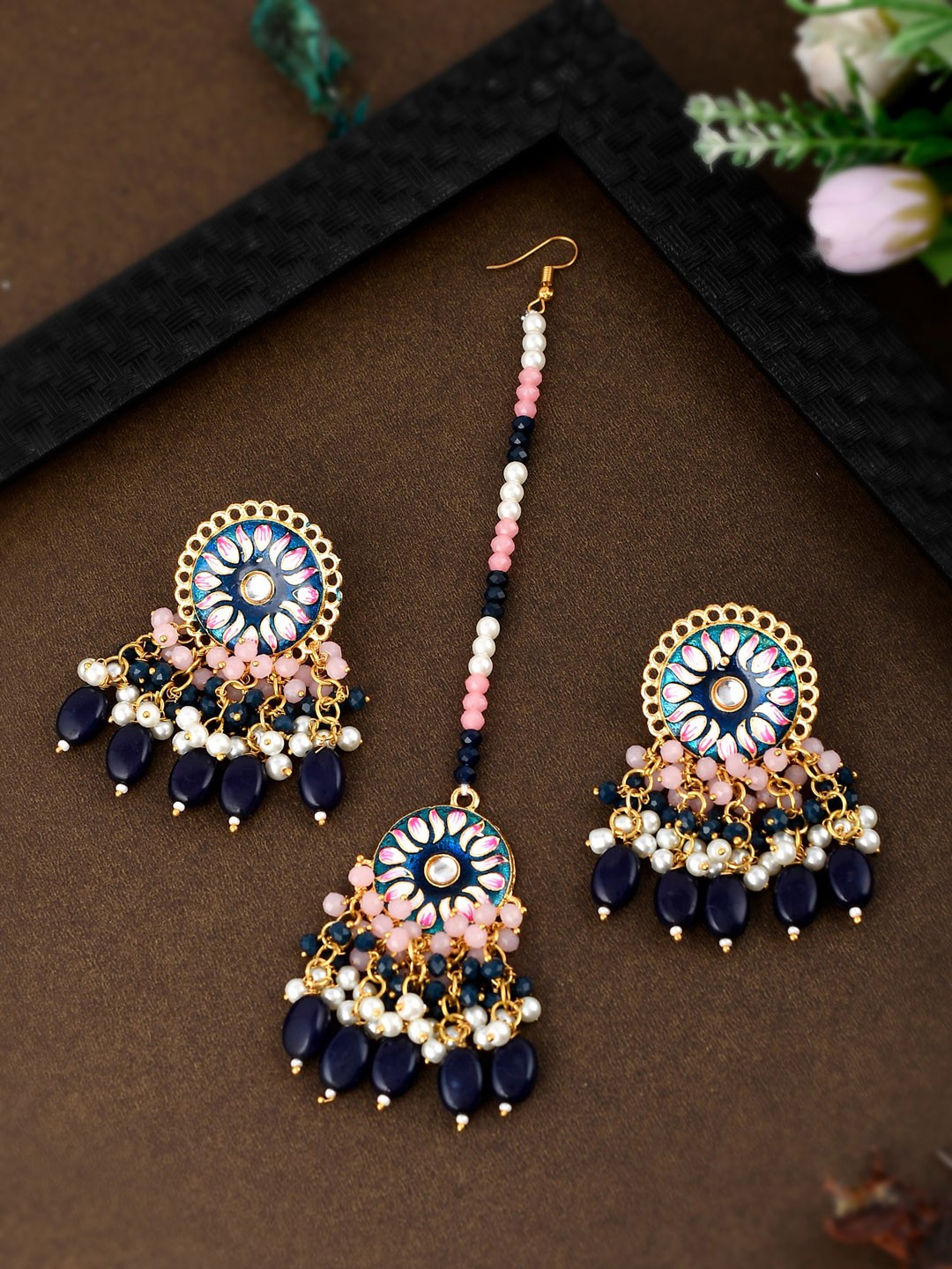 

Shoshaa Gold-Plated Black & Peach-Coloured Beads Meenakari Earrings with Maangtikka
