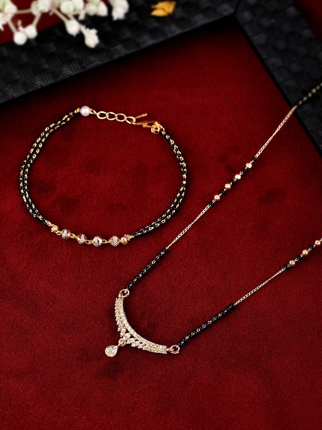

Shoshaa Set Of 2 Gold-Plated Black Mangalsutra with Bracelet