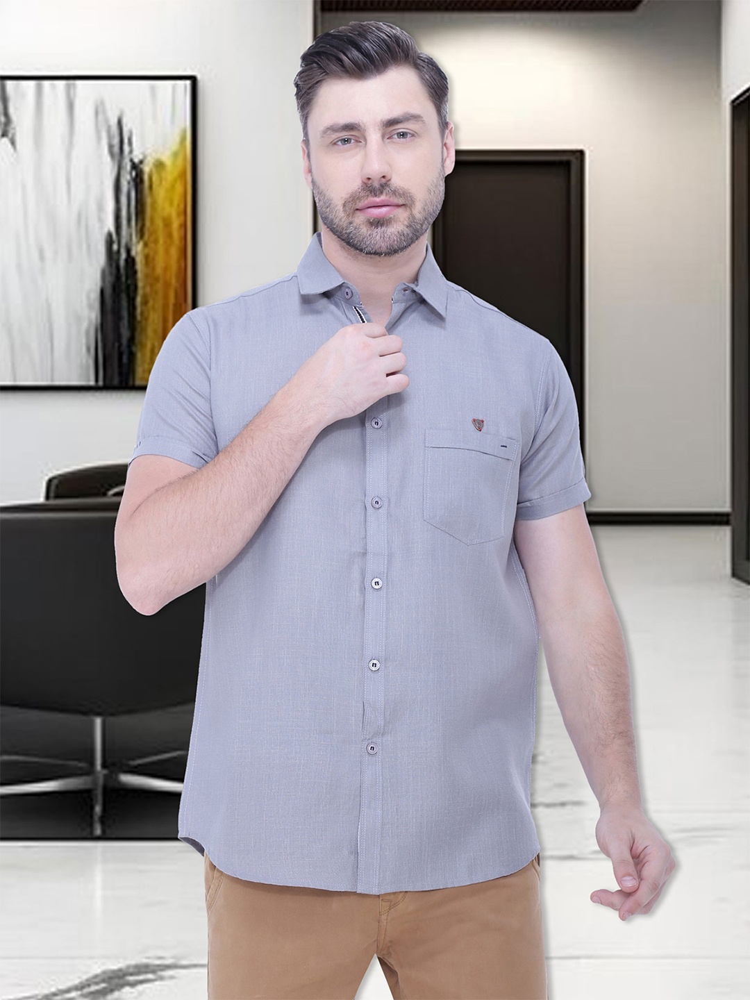 

Kuons Avenue Men Grey Smart Slim Fit Linen Blend Casual Shirt