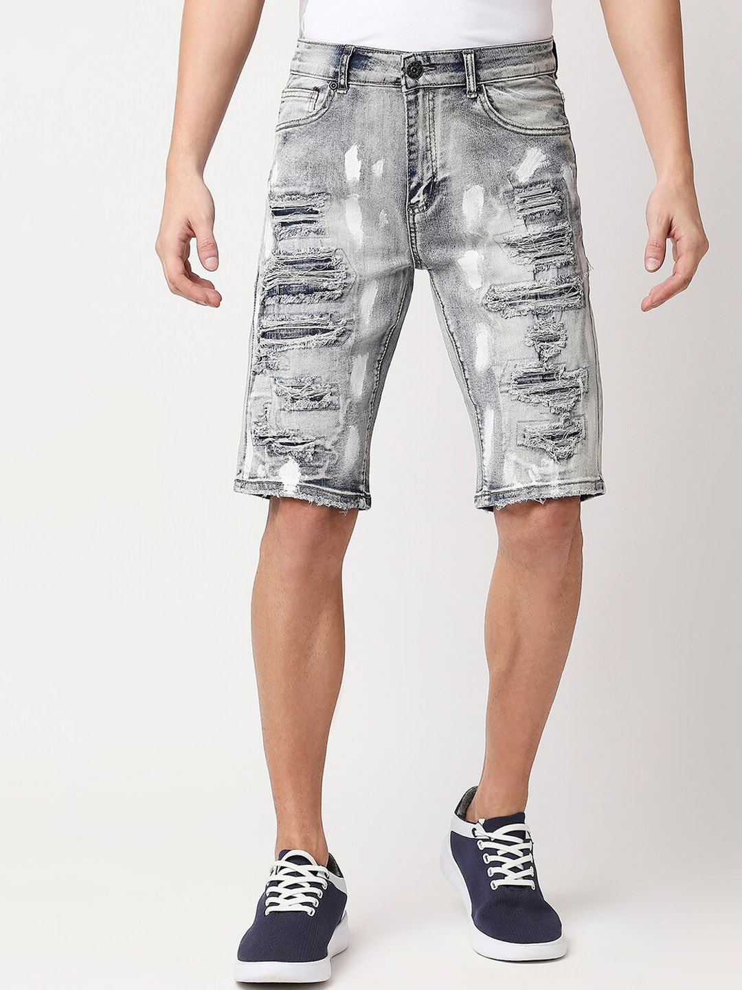 WAIMEA Men Grey Embellished Skinny Fit Outdoor Denim Shorts