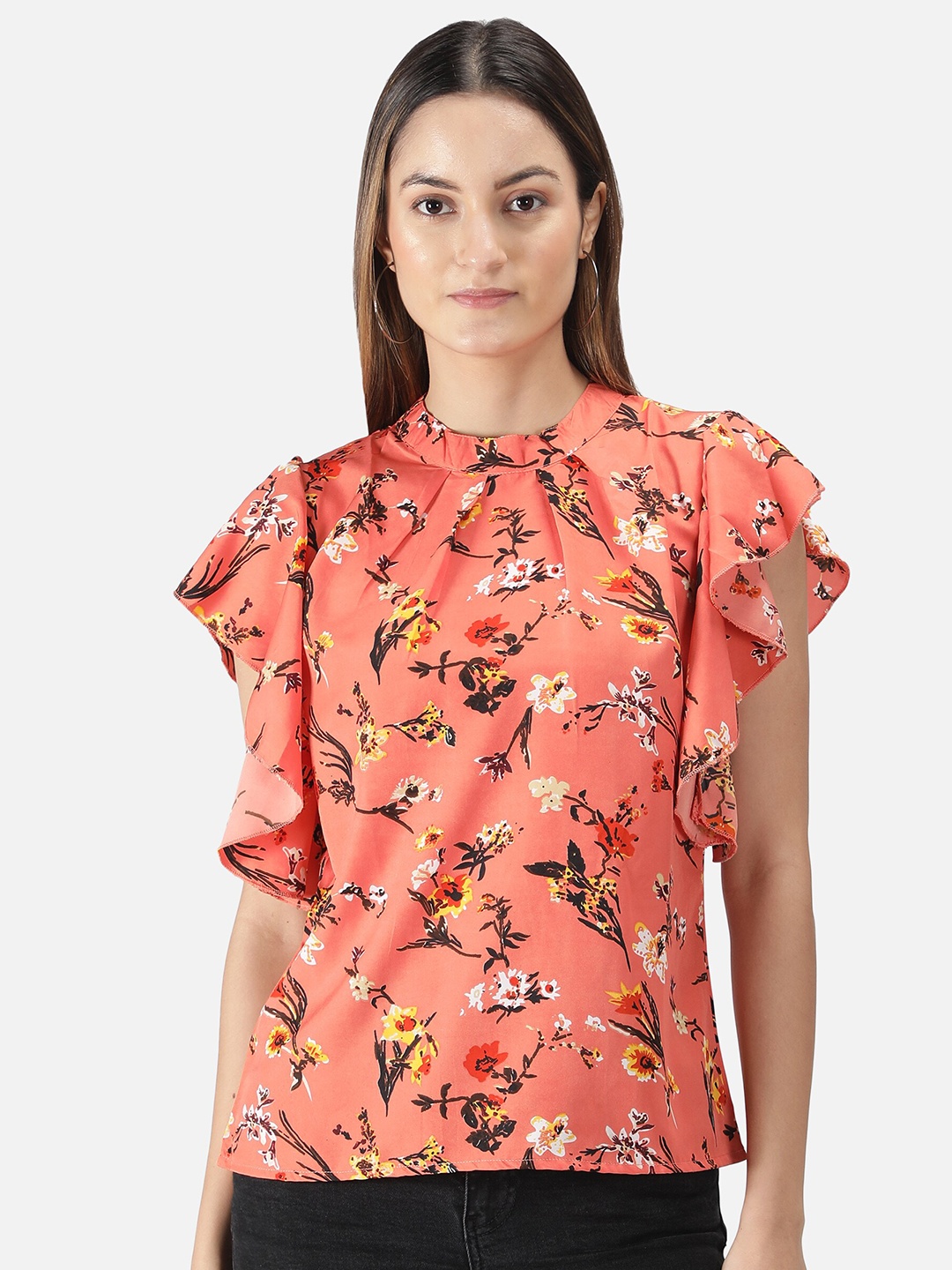 

FALCO ROSSO Peach-Coloured Floral Print Crepe Top