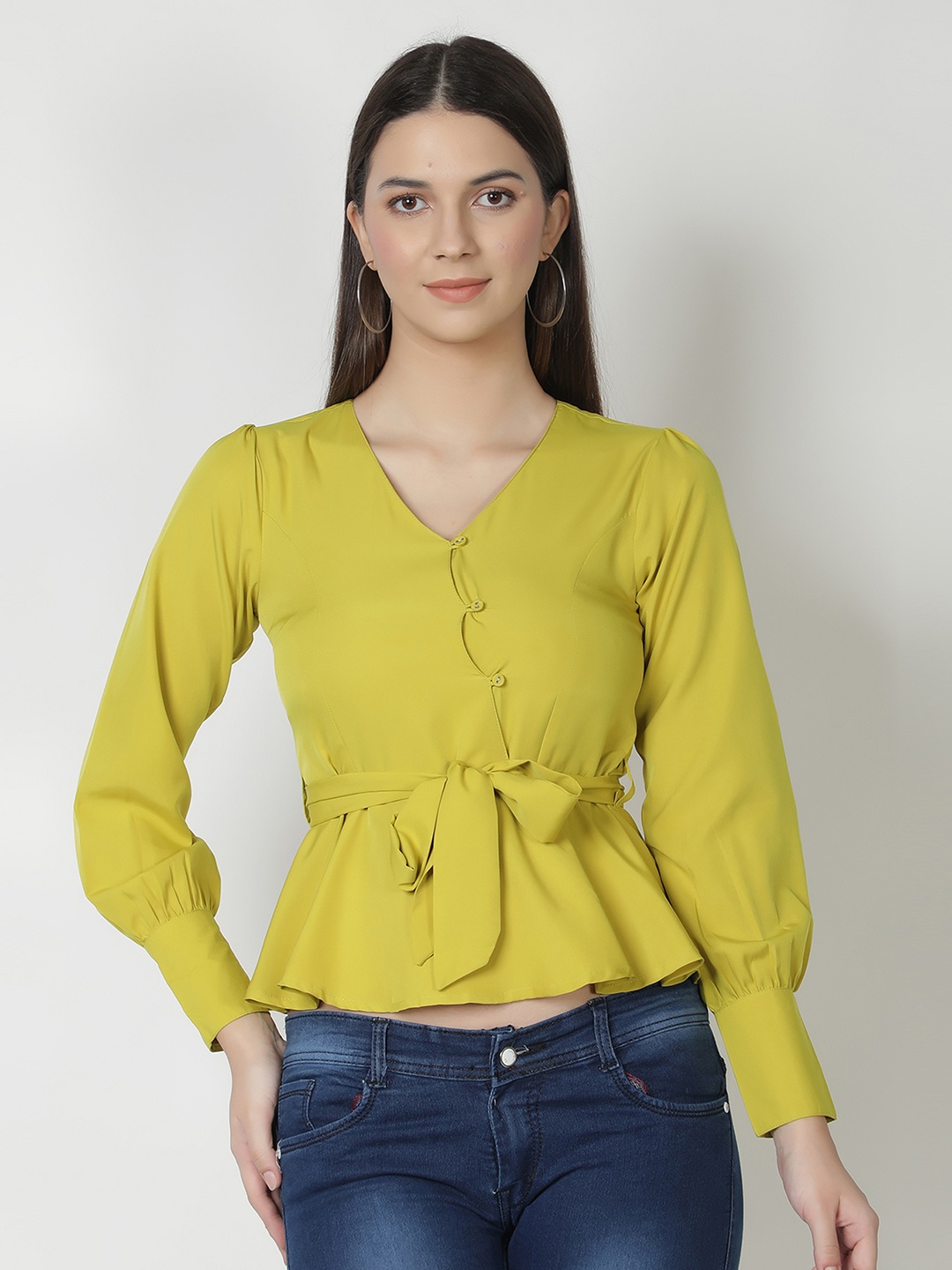 

FALCO ROSSO Women Lime Green Crepe Peplum Top