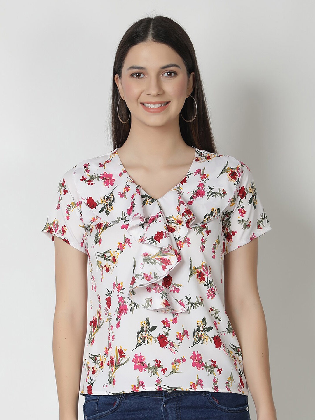 

FALCO ROSSO Women White & Red Floral Printed Ruffles Crepe Top