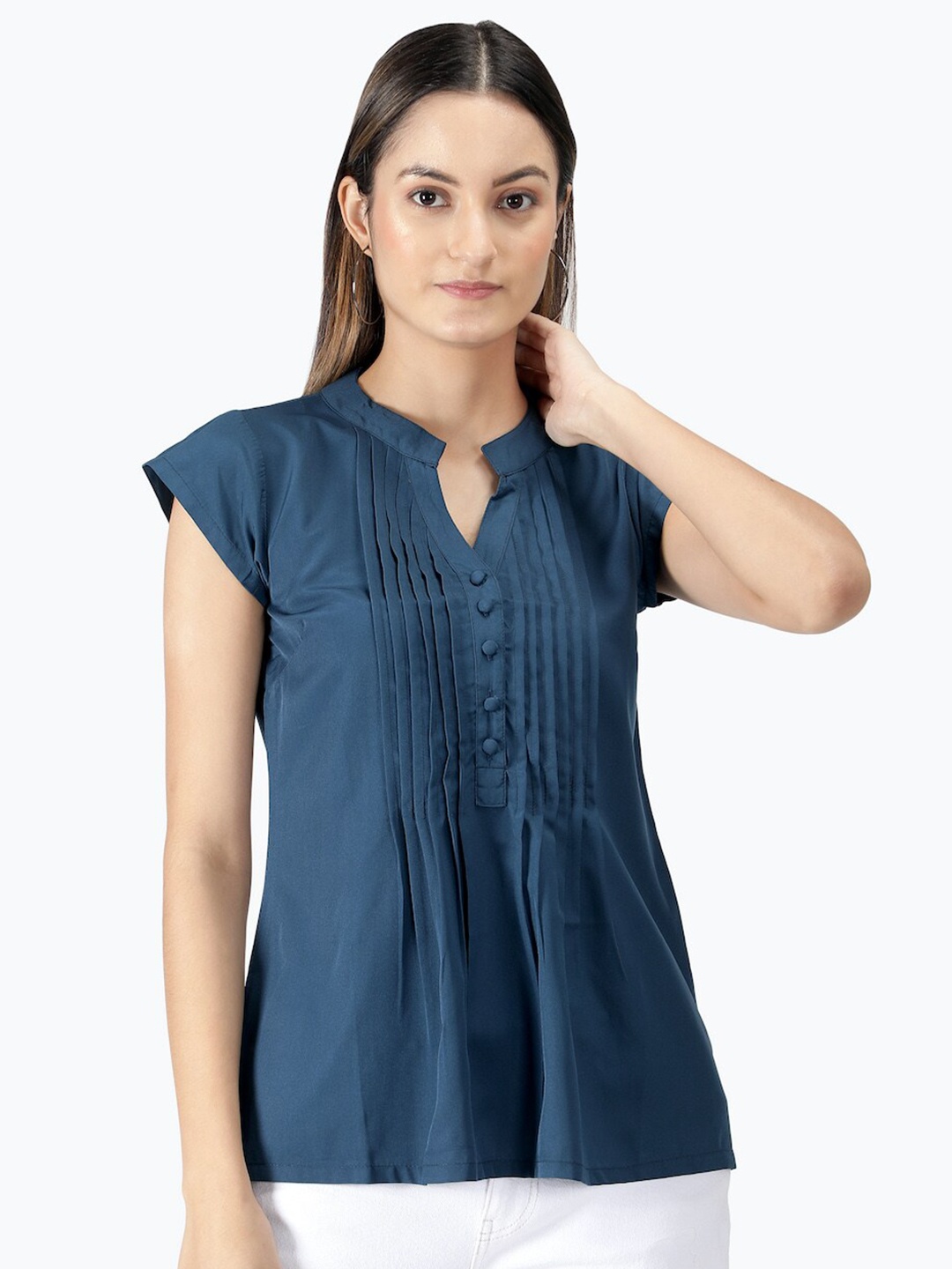 

FALCO ROSSO Navy Blue Mandarin Collar Crepe Top