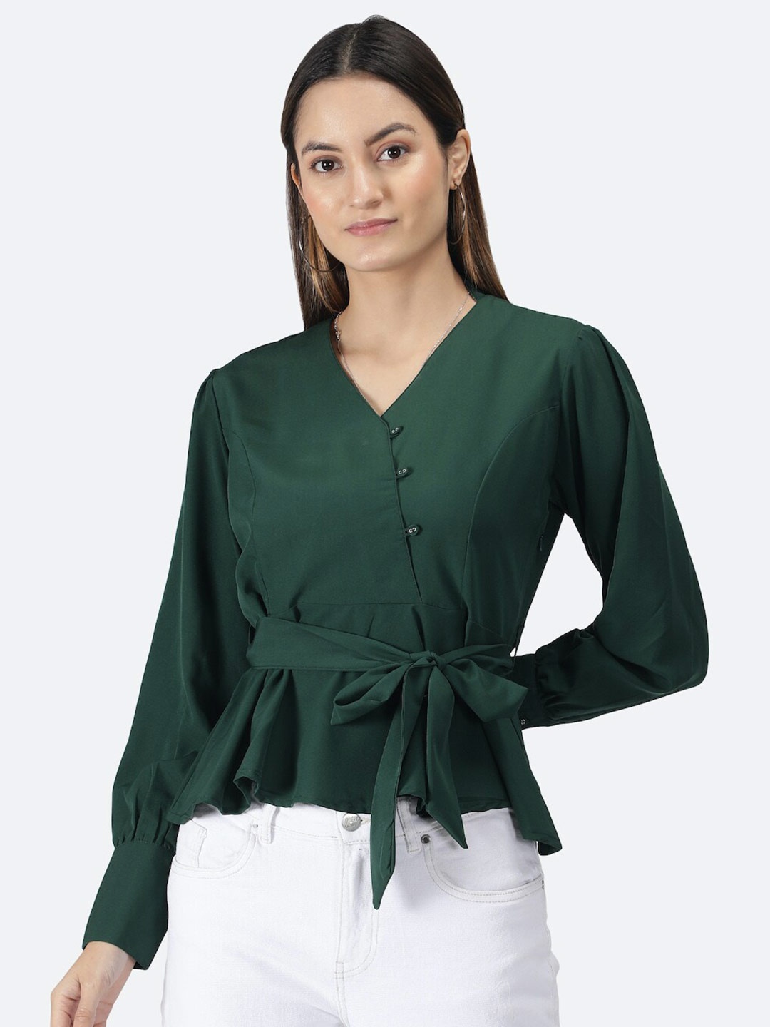 

FALCO ROSSO Green Crepe Cinched Waist Top