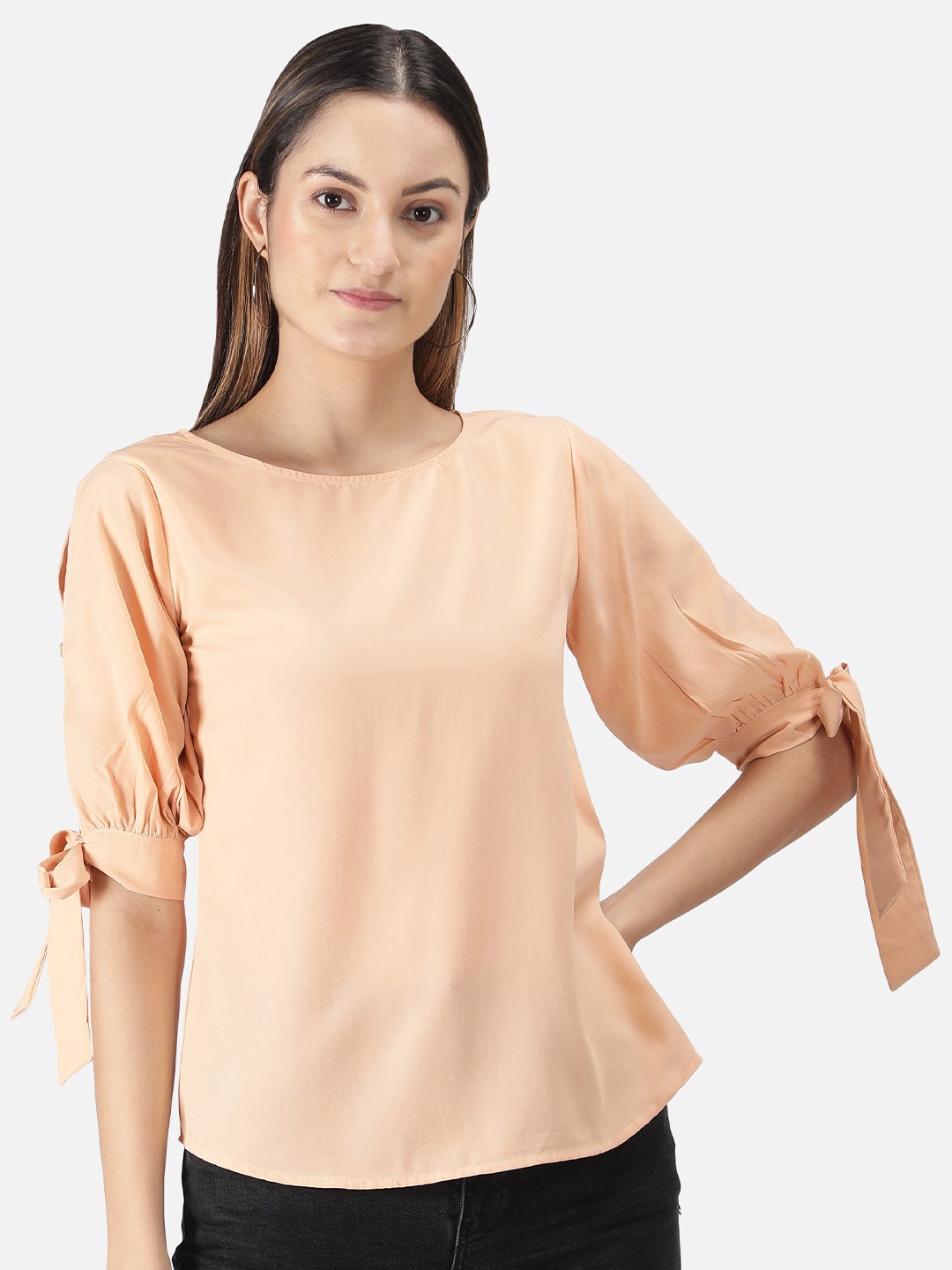 

FALCO ROSSO Women Peach Solid Crepe knot Sleeves Top